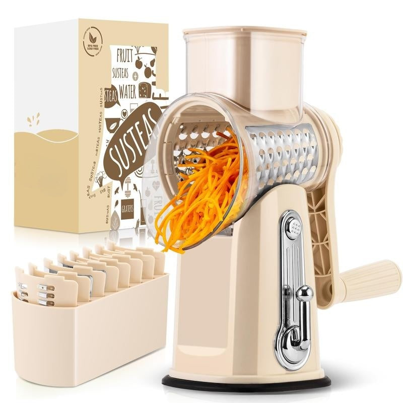 SUSTEAS Handheld Rotary Cheese Grater, equipped with 5 carefully designed blades and a strong suction cup base.