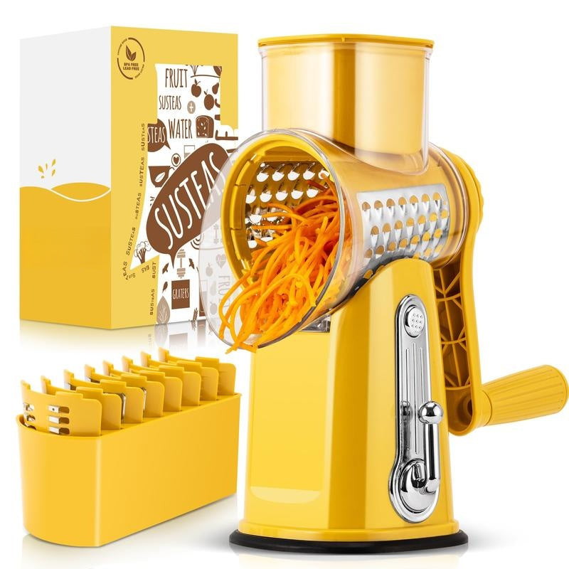 SUSTEAS Handheld Rotary Cheese Grater, equipped with 5 carefully designed blades and a strong suction cup base.