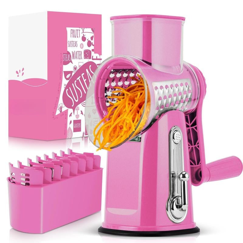 SUSTEAS Handheld Rotary Cheese Grater, equipped with 5 carefully designed blades and a strong suction cup base.