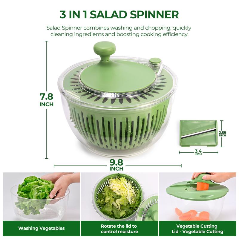 PUKOMC 5-in-1 Large Salad Spinner, with vegetable cutter, colander, bowl, and strainer.